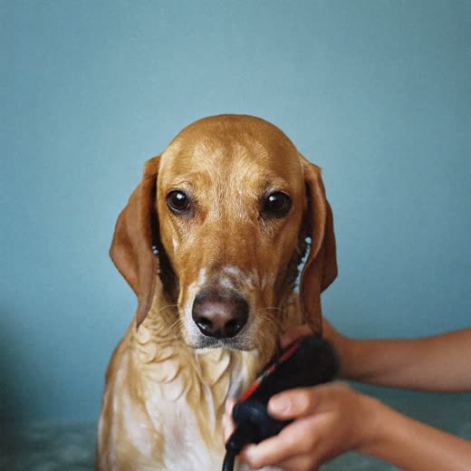 A dog being washed, hands lathering its coat